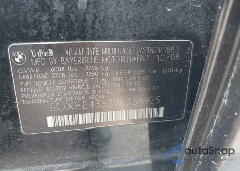 2009 BMW X5 xDrive30I from USA, damaged, VIN 5UXFE43539L038925
